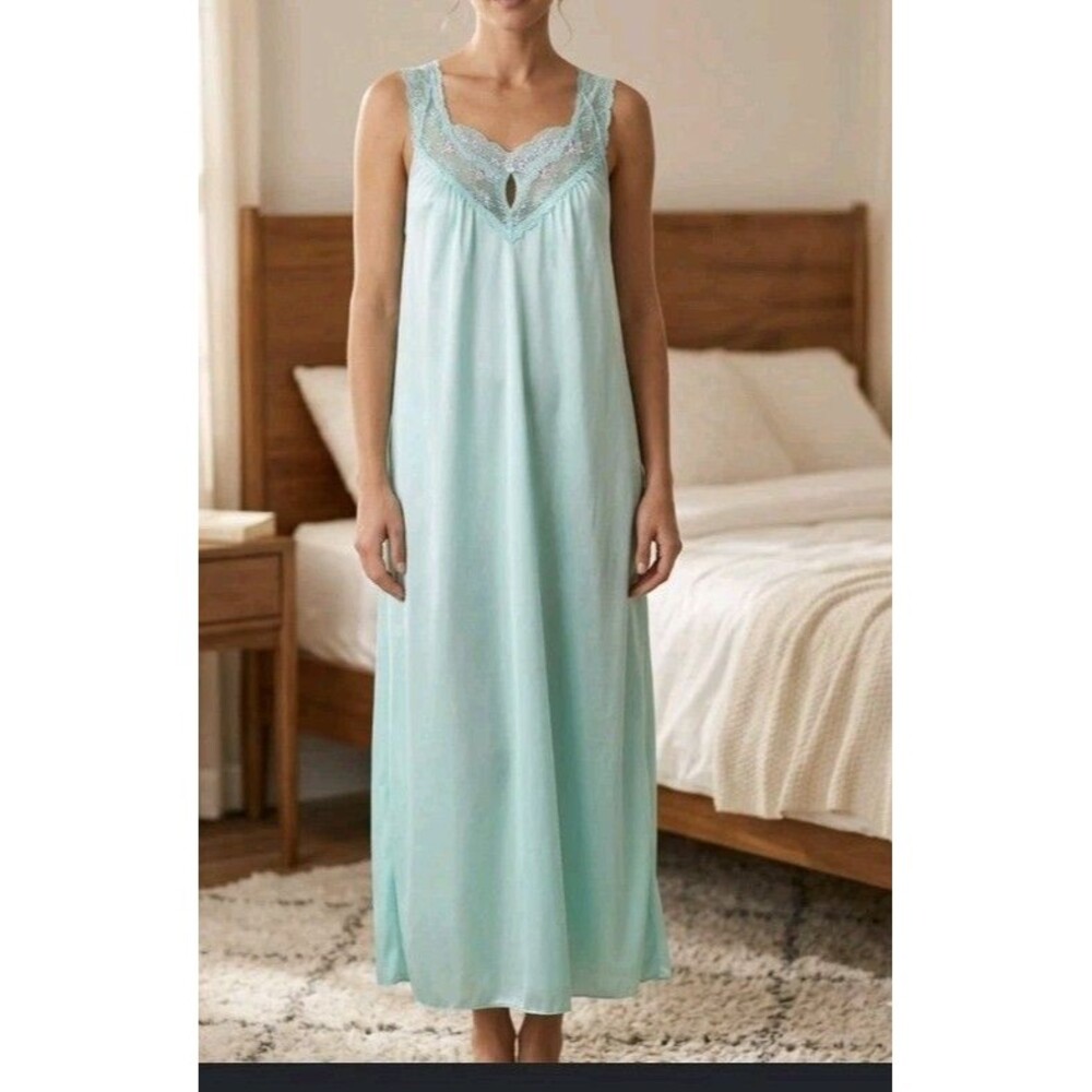 Vintage 60s Vanity Fair Nightgown Sleeveless Silky Satin Aqua Green Size XL Lace